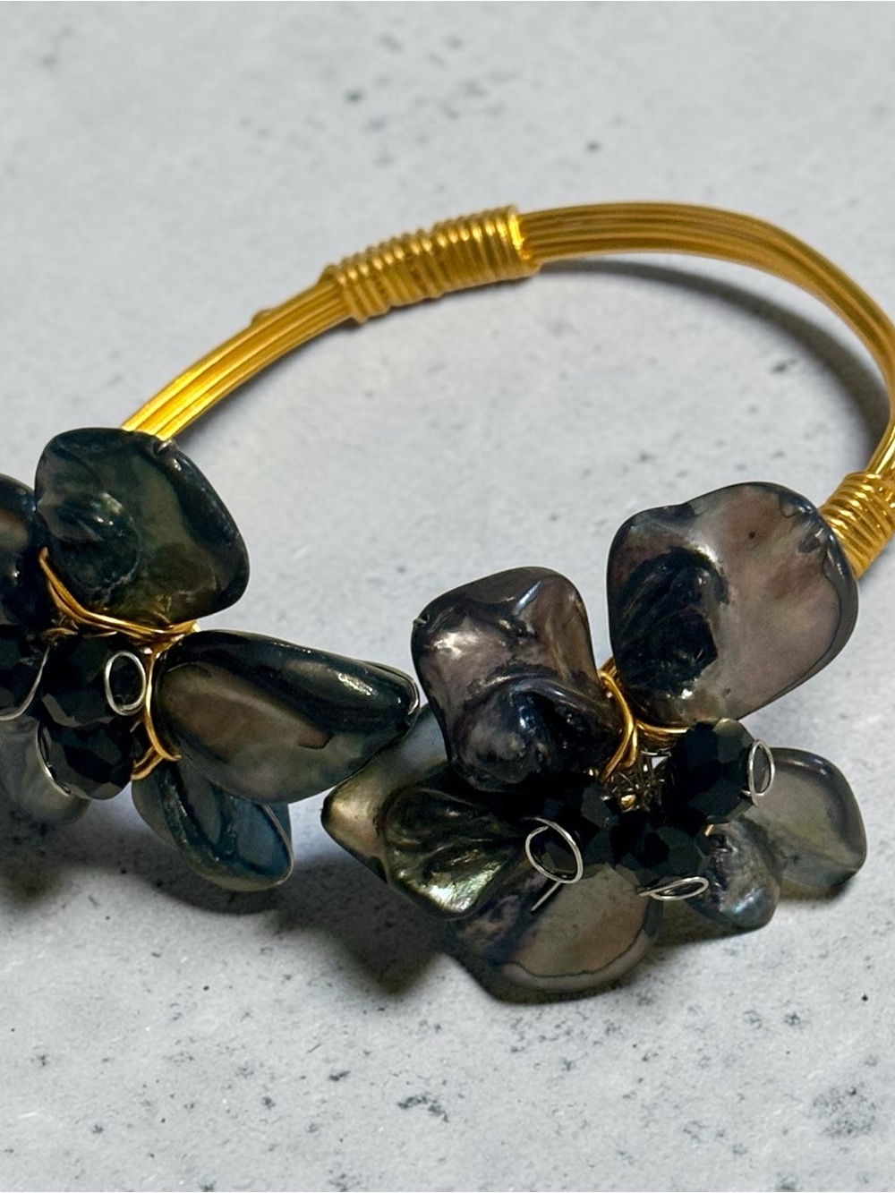 NEW Handcrafted Gold Wire Flower Cuff Bracelet Black Shell Pearl Floral Accents